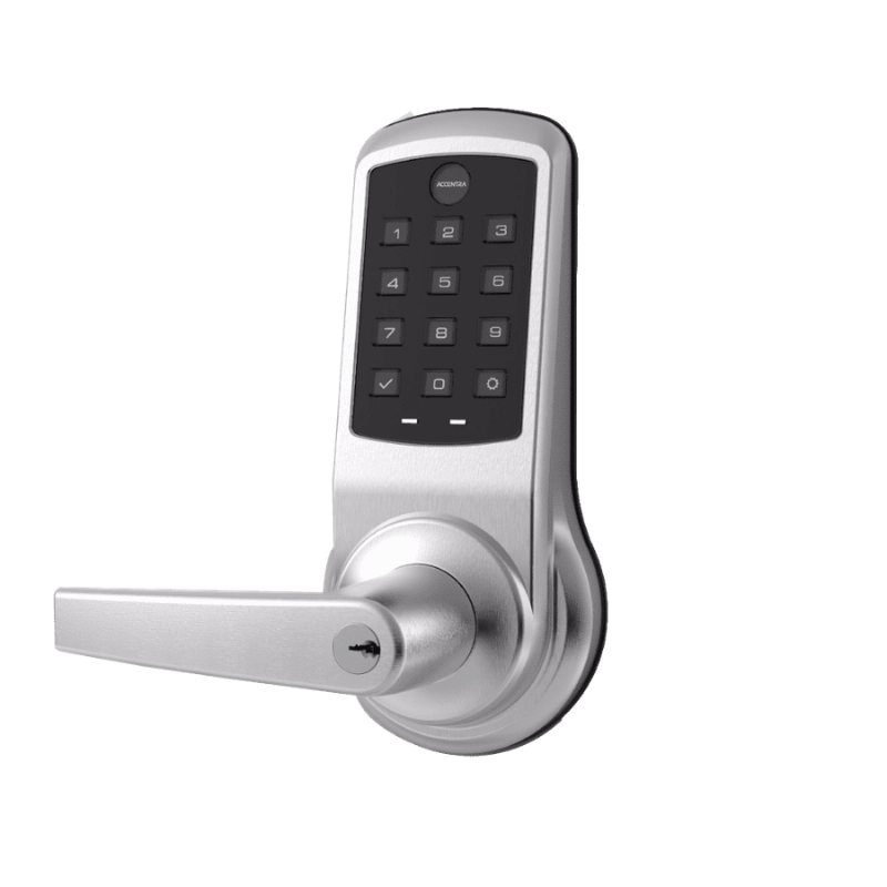 Accentra MO-NTB613-NR626 NexTouch cylindrical lock, satin chrome keypad lever with keyed cylinder