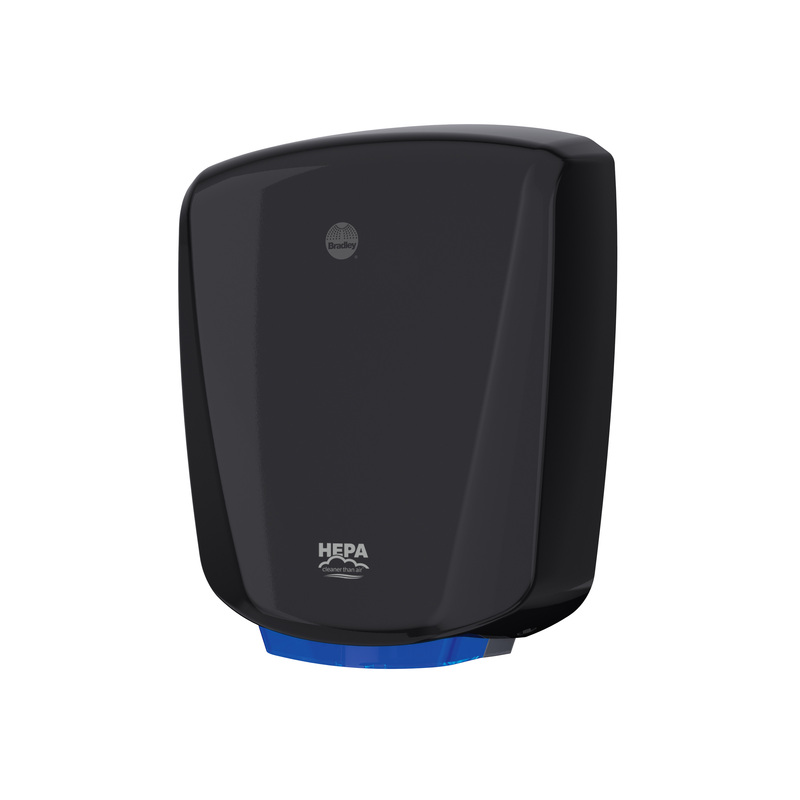 Bradley 2923-28B001 Aerix surface-mounted hand dryer, black epoxy aluminum with curved cover and blue nozzle