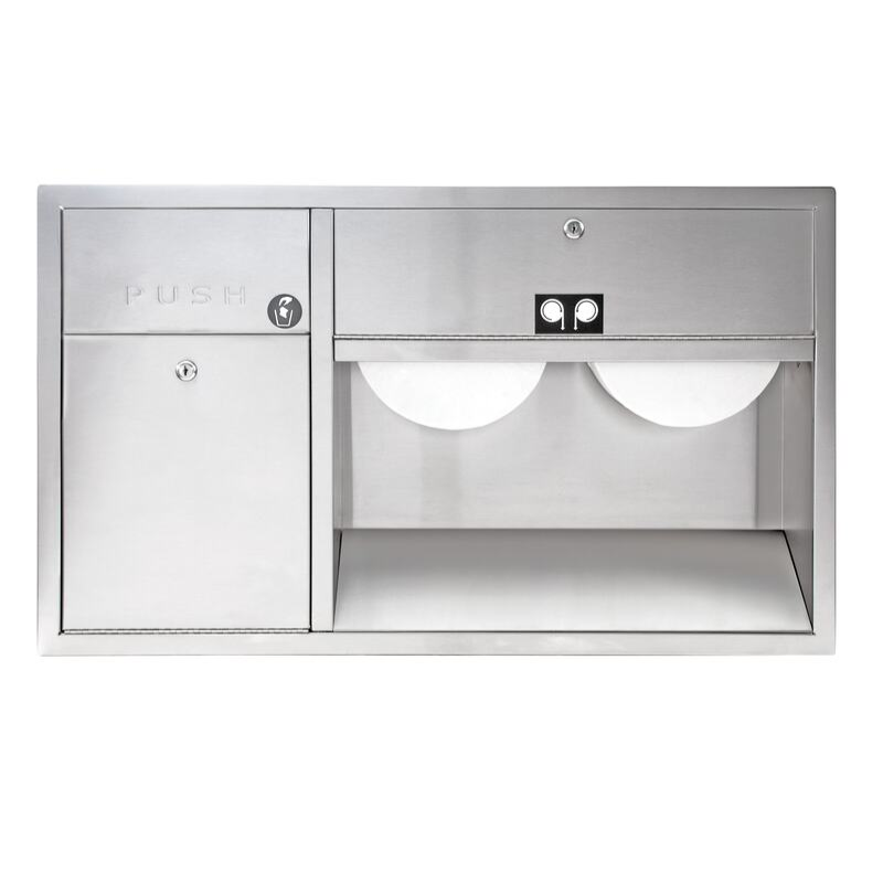 Bradley 5951 recessed jumbo dual roll toilet paper dispenser/waste receptacle, left, stainless steel