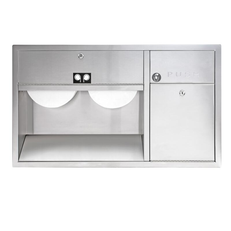 Bradley 5952 recessed stainless steel dual roll jumbo paper dispenser with right-side push waste receptacle