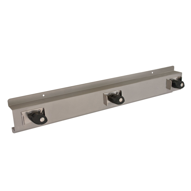 Bradley 9954 stainless steel surface-mounted mop and broom holder rail with 4 rubber grip holders