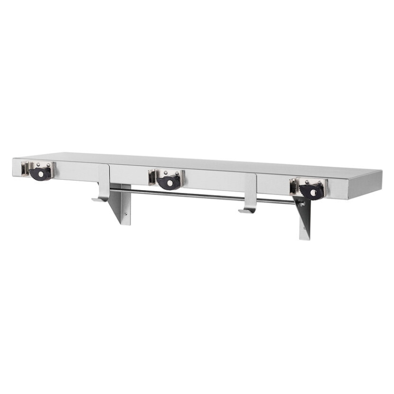Bradley 9983 surface-mounted stainless steel utility shelf with 2 hooks and 3 holders