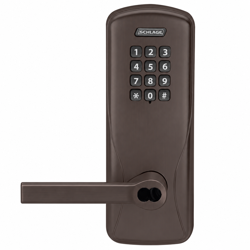 Schlage Electronics CO100CY70-KP-LAT Classroom/Storeroom Electronic Push Button Locks, Latitude Lever, US11-643E Aged Bronze, SFIC Prep Less Core