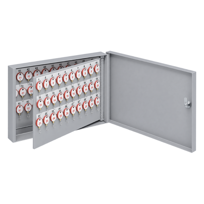 LUND 1201 gray steel wall key cabinet, open door, 60-key capacity with numbered red key tags, expandable
