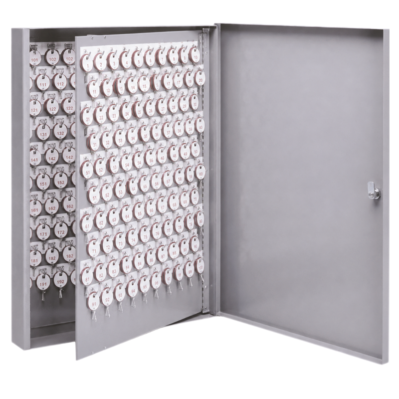LUND 1202 gray steel wall key cabinet, open door, 130-key capacity with numbered tags and hooks