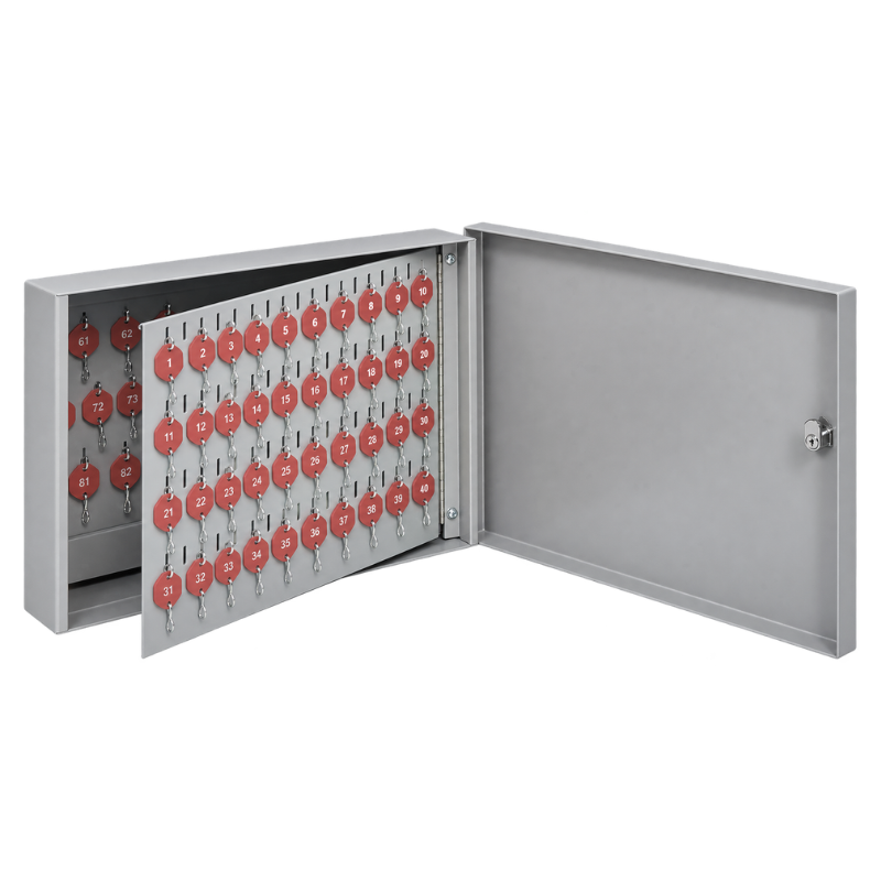 LUND C-120 Deluxe wall key cabinet, light gray enamel, 120-key capacity with numbered red key tags