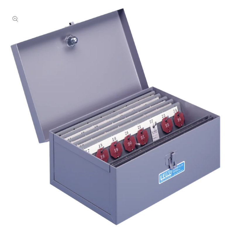 Lund CH561 portable key case, 56-key capacity, one tag system, light gray baked enamel, lid open