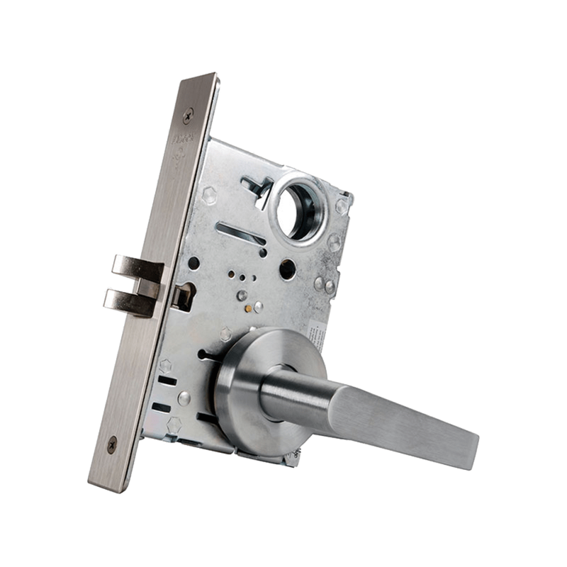 Falcon MA521-L-DG-626 Mortise Lock, Entry/Office with Button Lockout, Dane Lever, Gala Rose, Less Cylinder, Field Reversible, Grade 1, US26D Satin Chrome Finish