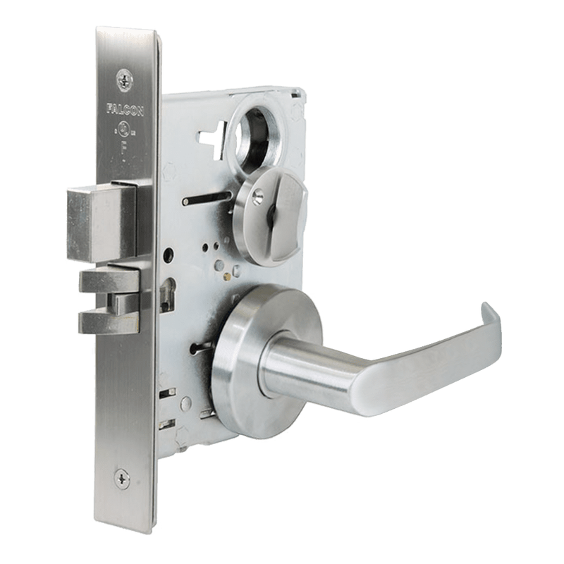 Falcon MA571-L-DG-626 Mortise Lock, Dormitory/Exit, Dane Lever, Gala Rose, Less Cylinder, Grade 1, Field Reversible, US26D Satin Chrome Finish
