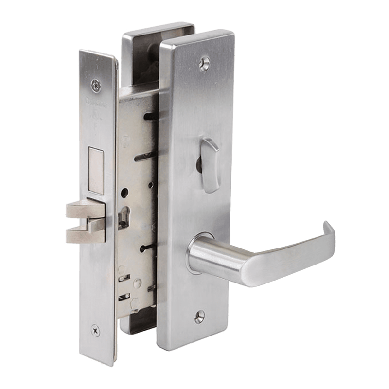 Falcon MA571-L-DN-626 Mortise Lock, Dormitory/Exit, Dane Lever, Napa Escutcheon, Less Cylinder, Grade 1, Field Reversible, US26D Satin Chrome Finish