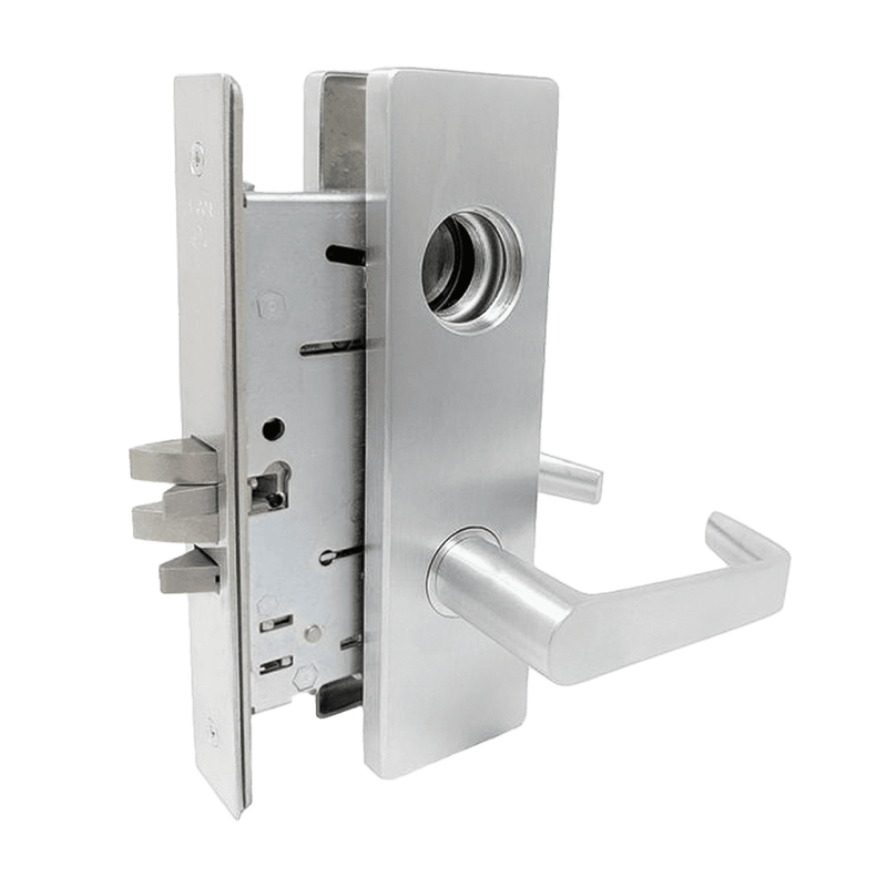 Falcon MA581-L-DN-626 Mortise Lock, Storeroom, Dane Lever, Napa Escutcheon, Less Cylinder, Grade 1, Field Reversible, US26D Satin Chrome Finish