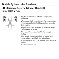 Sargent 8241 mortise lock body, classroom security function, double cylinder with deadbolt and lever trim diagram