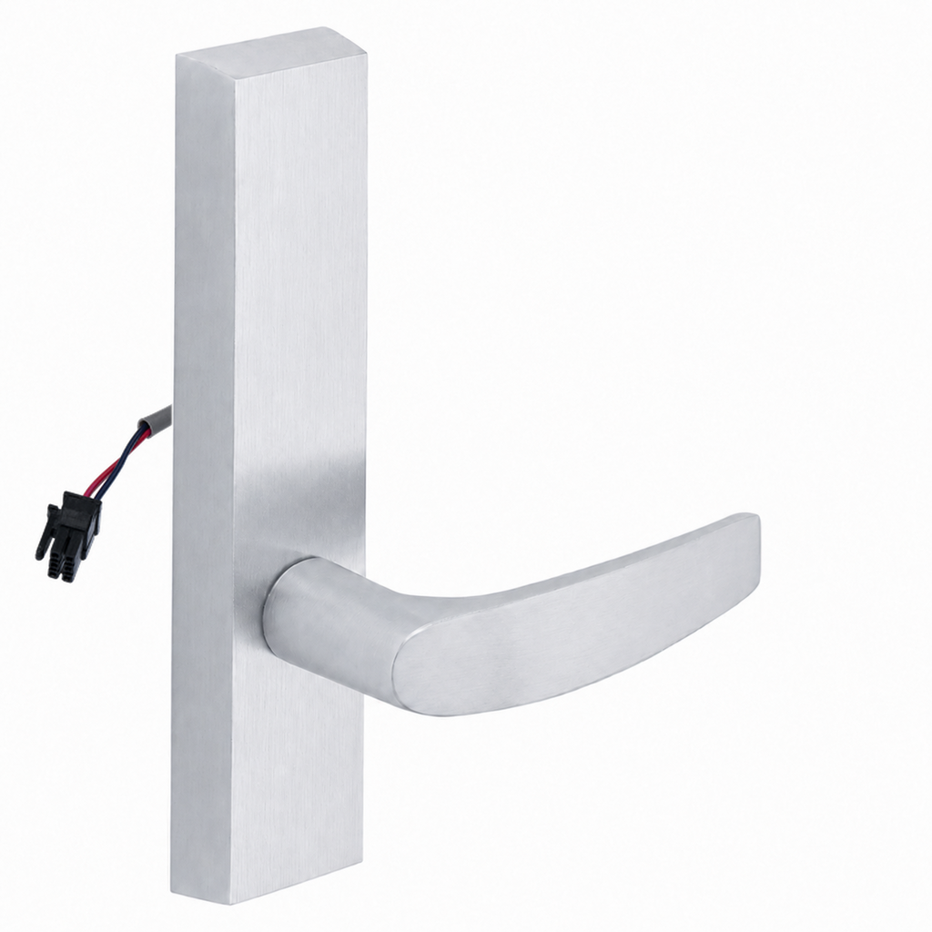 SARGENT 773-8-ETB-12V US26D electrified exit trim with B lever, satin chrome rectangular escutcheon