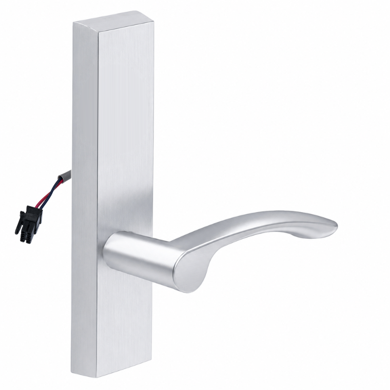 SARGENT 773-8-ETMV-12V US26D electrified exit trim with MV lever, satin chrome rectangular escutcheon