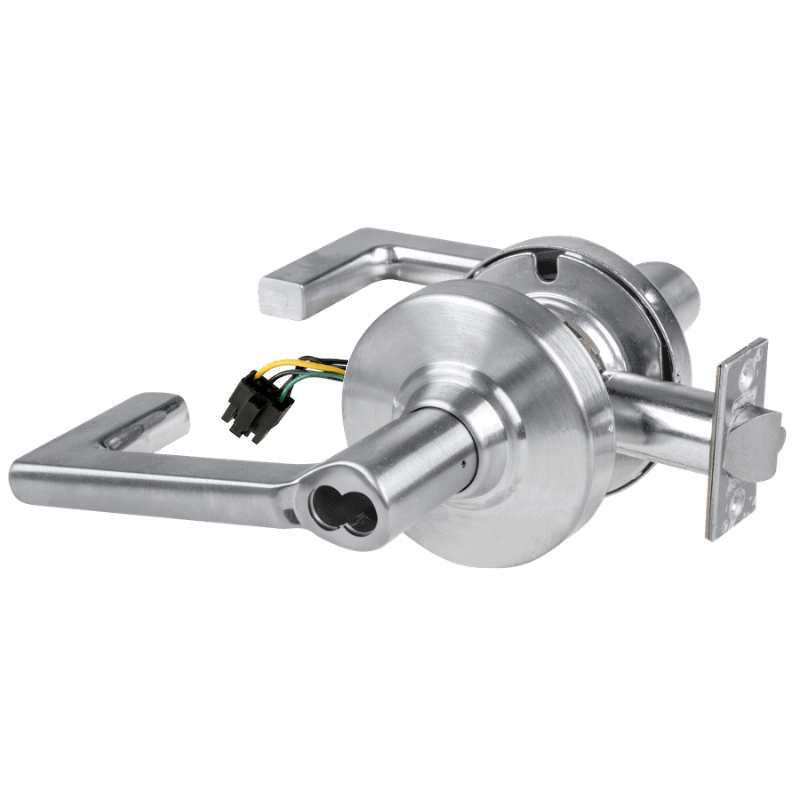Schlage ND80BD-LON-626 storeroom cylindrical lock, satin chrome, Longitude lever with RX wiring