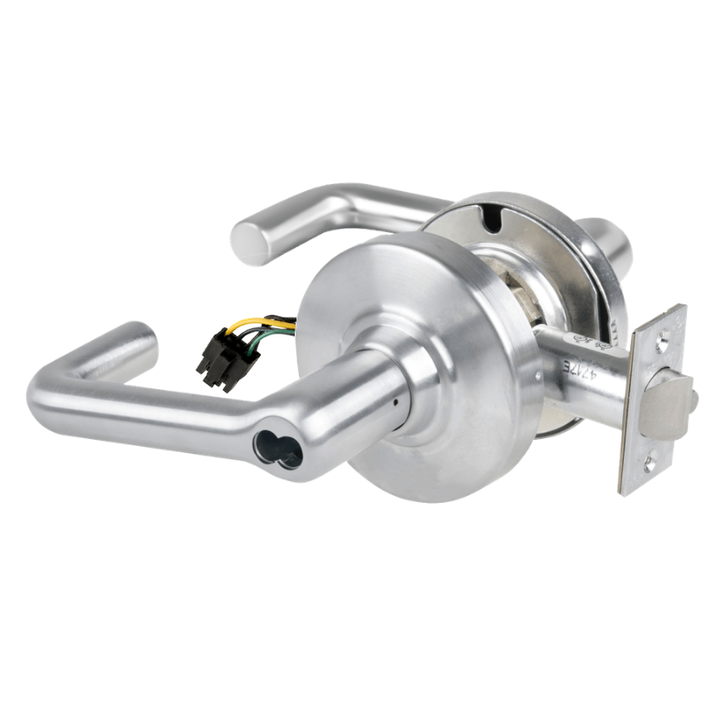 Schlage ND80JD-EU-TLR-626 electrified storeroom cylindrical lock, satin chrome tubular lever, less core