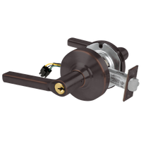 Schlage ND80PD-EL-LAT 643E electrified storeroom lock with Latitude lever, dark bronze finish and key cylinder