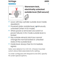 Schlage ND80EU/EL LLL XXX LLL LLL Electrified Cylindrical Lock, Chassis Only, Storeroom Function
