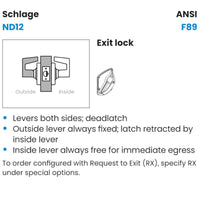 Schlage ND12D-RHO-626 Cylindrical Lever Lock, Exit Function, Satin Chrome