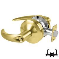 Schlage ND50PD OME entrance lock, Omega lever in 606 satin brass, keyed cylinder with latch
