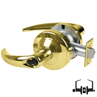 Schlage ND53-JD-OME 605 entrance lock, bright brass cylindrical lockset with Omega lever, FSIC less core