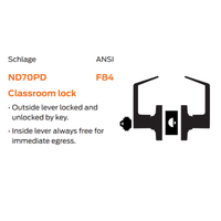 Schlage ND70BD-ATH classroom cylindrical lock, Athens lever trim, SFIC less core prep, schematic view
