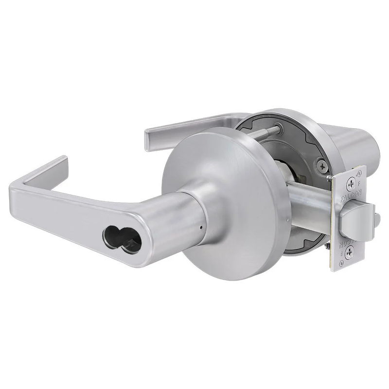 Falcon TM581-B-DAN-626 Extra Heavy Duty Cylindrical Lock, Storeroom, Dane Lever, Less SFIC Core, 2-3/4" Backset, ASA 4 7/8 Strike. Grade 1, Non Handed, US26D Satin Chrome Finish