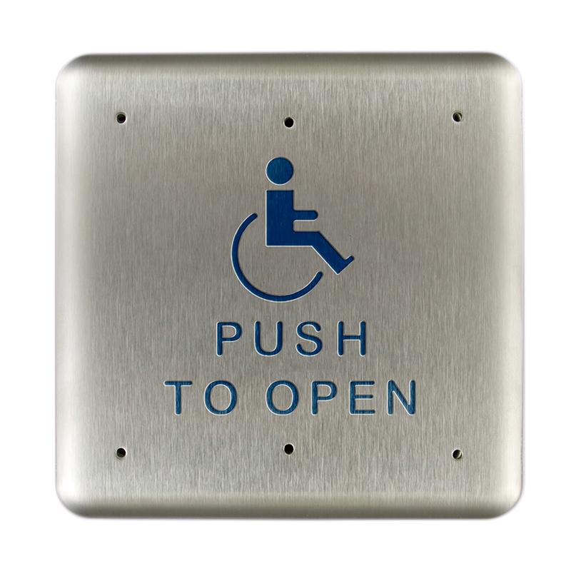 BEA 10PBS1 Stainless steel push plate, 4.75 In. square, blue handicap logo  and text