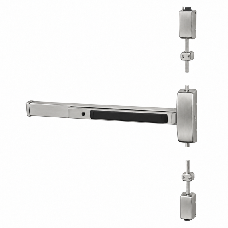 Sargent 12-8715E-96 Fire Rated Surface Vertical Rod Exit Device, Exit Only, 32" Device, 96" Door Height, Less Trim, Less Dogging — US32D-630 Satin Stainless Steel, LHR Left Hand Reverse