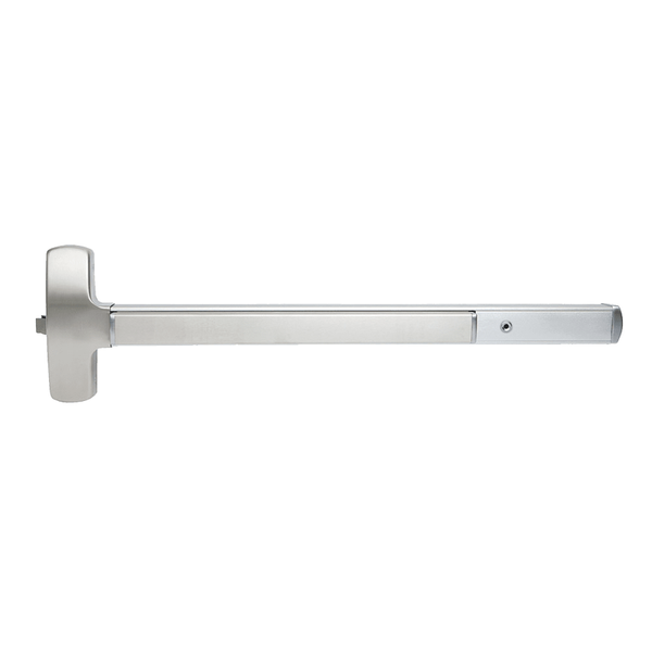 Falcon 25-R-EO-4-626 Rim Exit Device, Wide Stile Pushpad, Exit Only, Less Trim, 48" Device, Hex Key Dogging, Non Handed, Grade 1, US26D Satin Chrome Finish