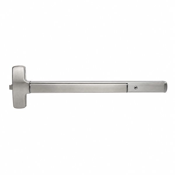Falcon 25R-EO-4-630 Rim Exit Device, Wide Stile Pushpad, Exit Only, Less Trim, 48" Device, Hex Key Dogging, Non Handed, Grade 1, US32D Satin Stainless Steel Finish