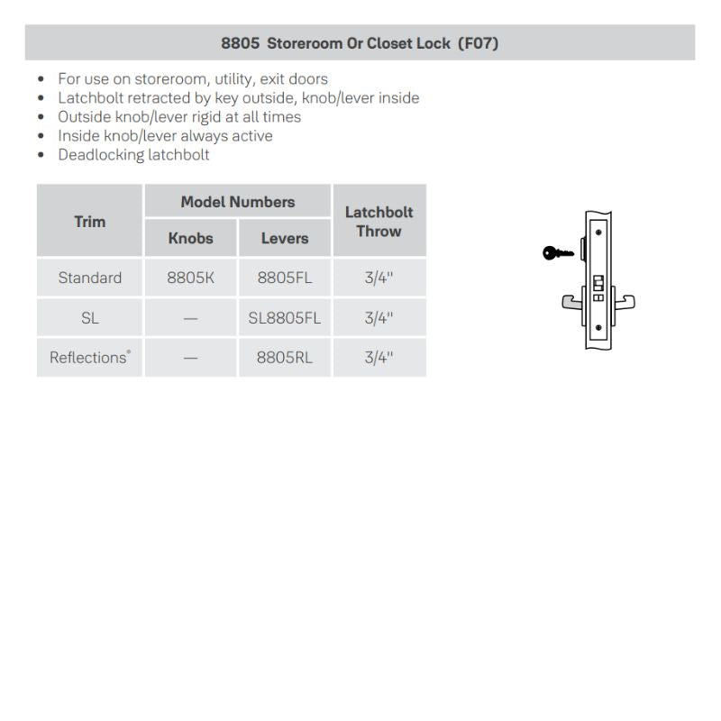 Accentra (Yale) TBR3-8805RL-626-LC Storeroom Or Closet Mortise Lock, S