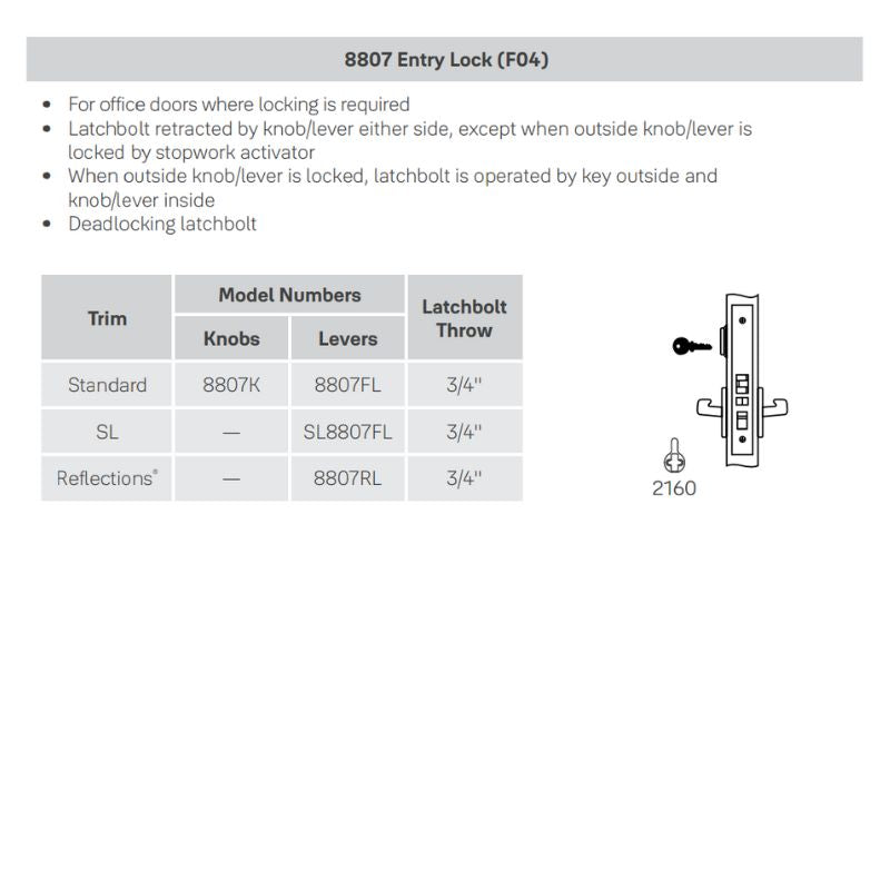 Accentra (Yale) CRR8807FL-626-LC Office Entry Mortise Lock, Less Cylin