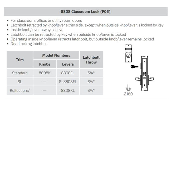 Accentra (Yale) TQR3-8808RL-626-LC Classroom Or Closet Mortise Lock, Satin Chromium Plated Over Nickel