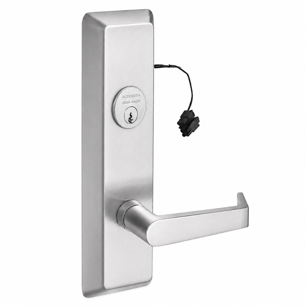 Accentra AU691F fail secure electrified lever trim for panic device, 630/US32D stainless steel, keyed cylinder