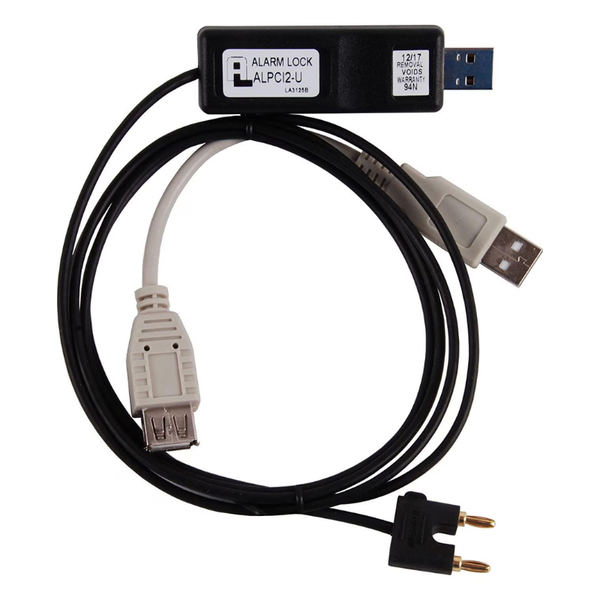 Alarm Lock ALPC12-U USB computer interface cable with black adapter, USB plug, and 2-pin connector