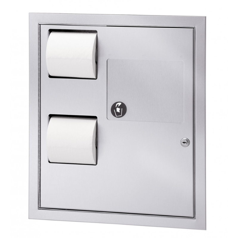 Bradley 5942-69 recess-mounted satin stainless steel combo unit with dual toilet paper dispensers and locking napkin disposal