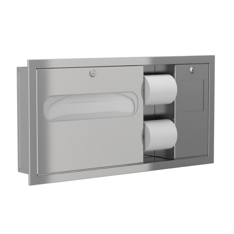 Bradley 5961 recessed stainless steel seat cover dispenser with dual roll toilet tissue dispenser