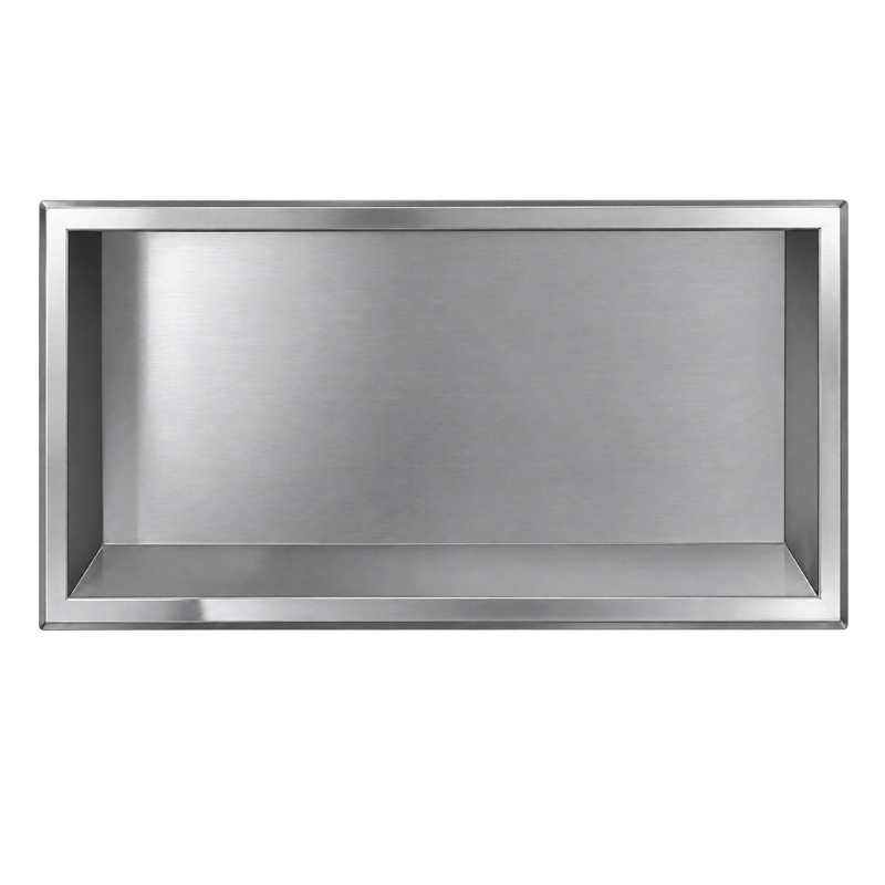 Bradley 760 recessed shelf niche in brushed stainless steel with rectangular flanged frame