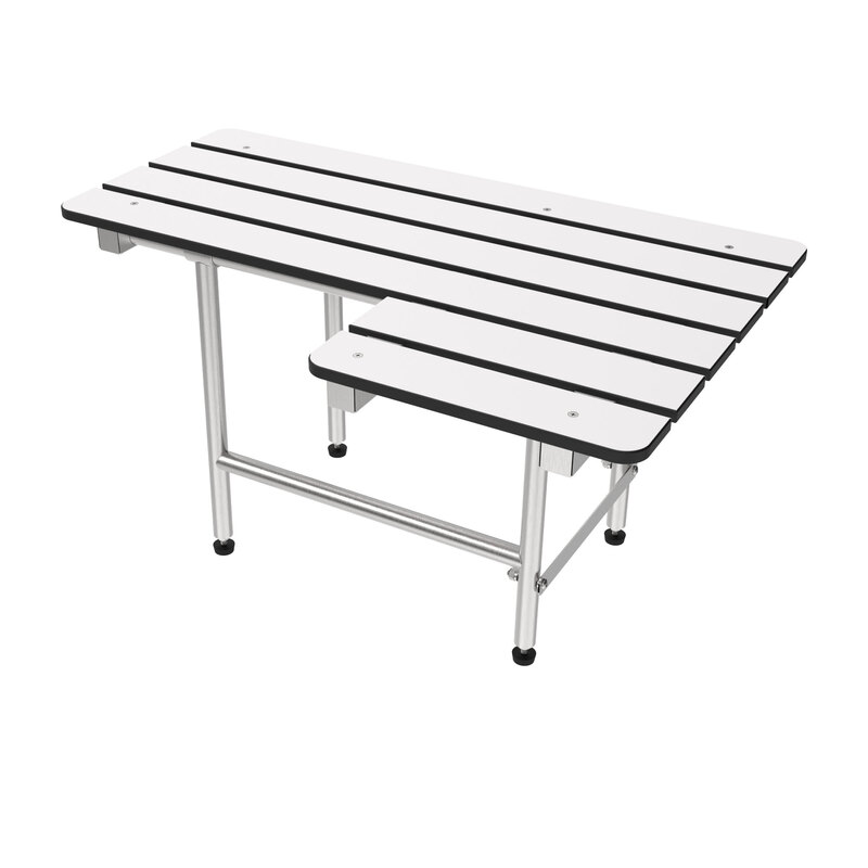Bradley 9571 left-handed L-shaped bariatric shower seat, white slatted bench with stainless steel legs