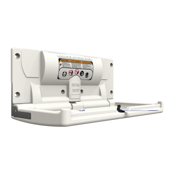 Bradley 9632 horizontal baby changing station in cream, wall-mounted fold-down unit with safety strap
