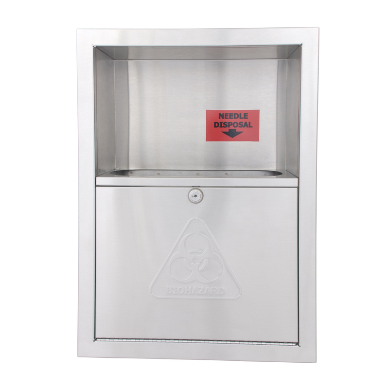 BRADLEY 989-11 stainless steel surface-mounted needle disposal unit with lock and biohazard door