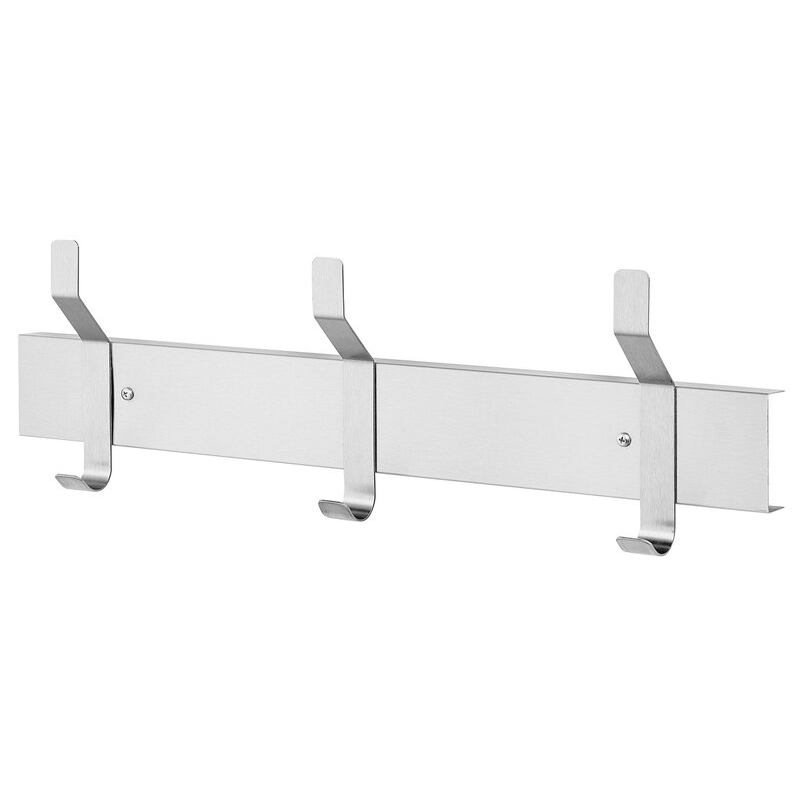 Bradley 9934 satin stainless steel utility shelf with integrated hook rail and visible robe hooks