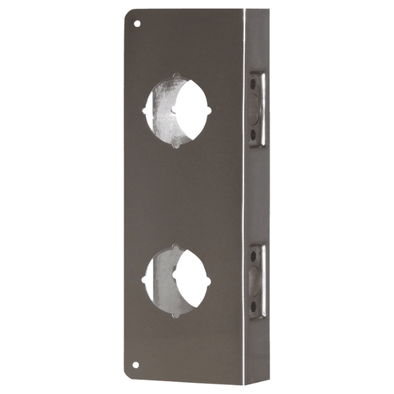 Don Jo 256-CW satin stainless steel wrap around plate for double locks with two cylindrical bore holes