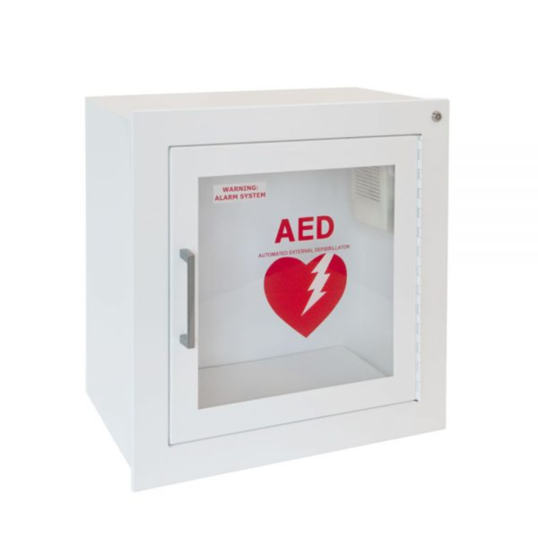 JL Industries 1415F12 Lifestart AED cabinet, white steel, clear acrylic glazing with red AED silkscreen lettering