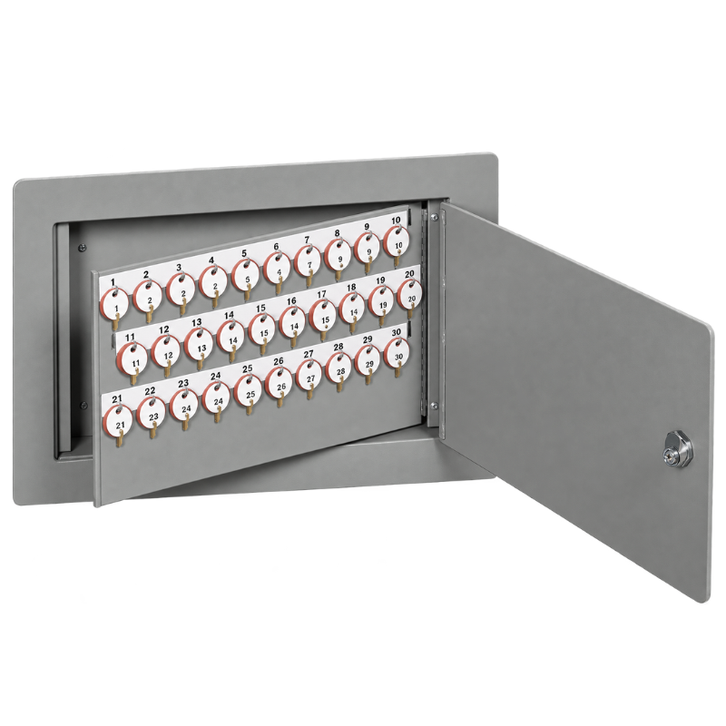 LUND 1300 Deluxe flush recess-in wall key cabinet, light gray enamel, 30-key capacity, open door with numbered tags
