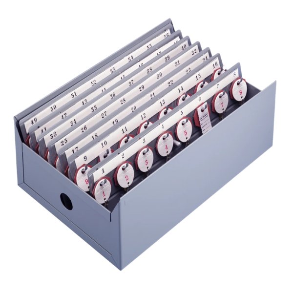 LUND 1901 portable key tray, light gray enamel, two-tag system with numbered tags, 56-key capacity