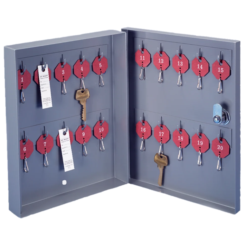 Lund C-20 mini key cabinet, light gray enamel, 20 numbered hooks with red tags, surface mounted, open door