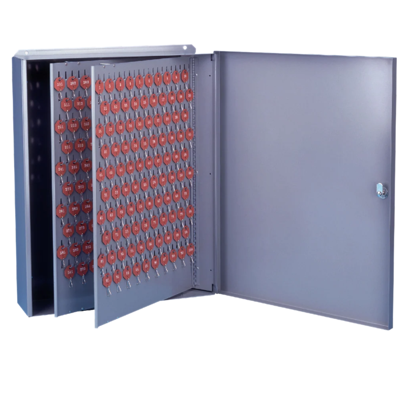Lund C-600 light gray wall key cabinet, 600-key capacity, open door with numbered red key tags on hooks