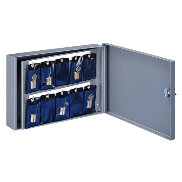 Lund CE-570-20-3 light gray lock core storage cabinet, open with 20 blue envelope pockets holding cores and keys
